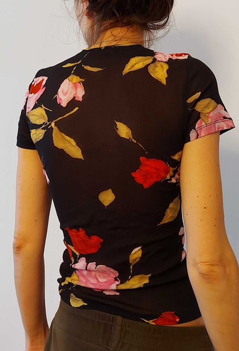 XS S transparentna bluzka czarna siateczka w kwiaty tattoo goth rock