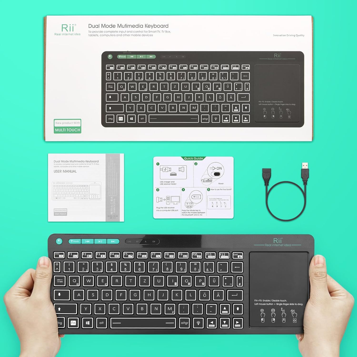 Klawiatura Bezprzewodowa Rii RT518S Bluetooth 2.4GHz Touchpad RGB DE