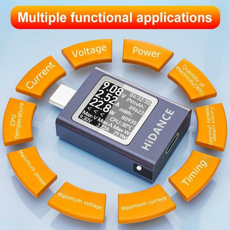 HIDANCE 13‑в‑1 Мощный USB Type-C юсб тестер - профи измерение (600Вт)