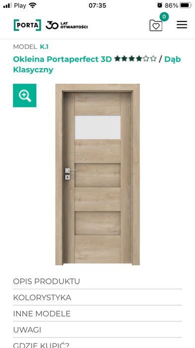 Drzwi łazienkowe porta dąb klasyczny lewa 90