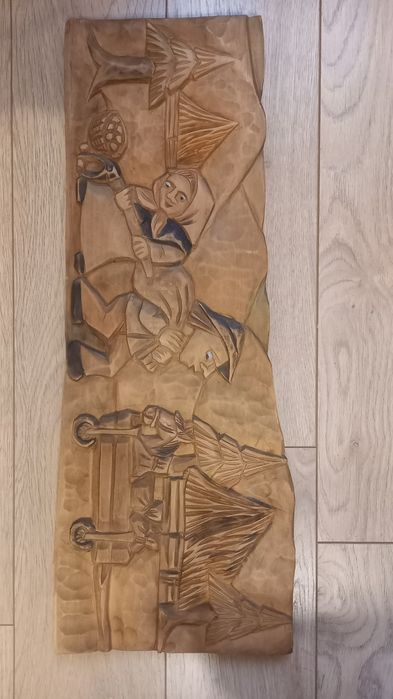 Płaskorzeźba drewniana prl vintage retro cepelia
