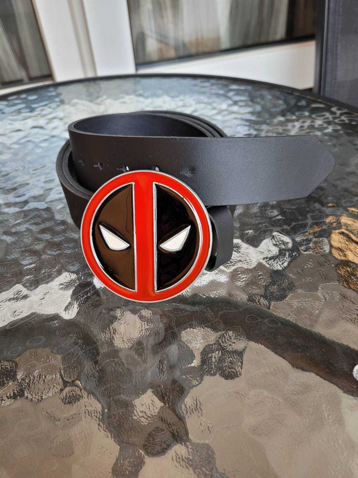 Czarny męski skórzany pasek ręcznie robiony z klamrą Deadpool