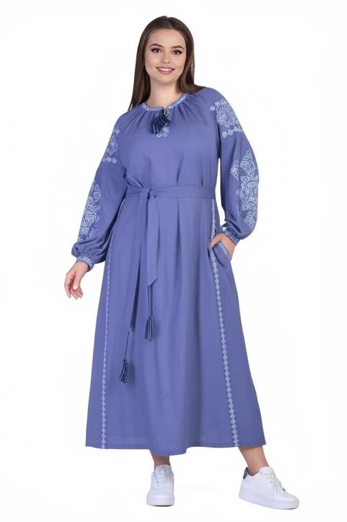 Вишукана блакитна лляна сукня вишиванка, Р-ри: S, M, L, XL, 2XL, 3XL