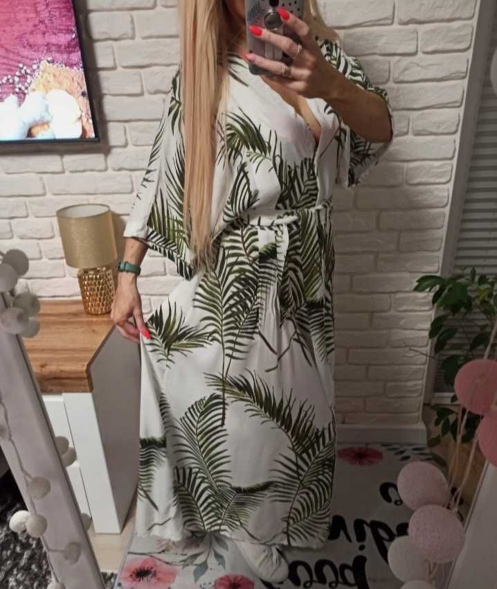 Gratis wysyłka!H&M oversizowa sukienka w palmy liście kimono wiskoza