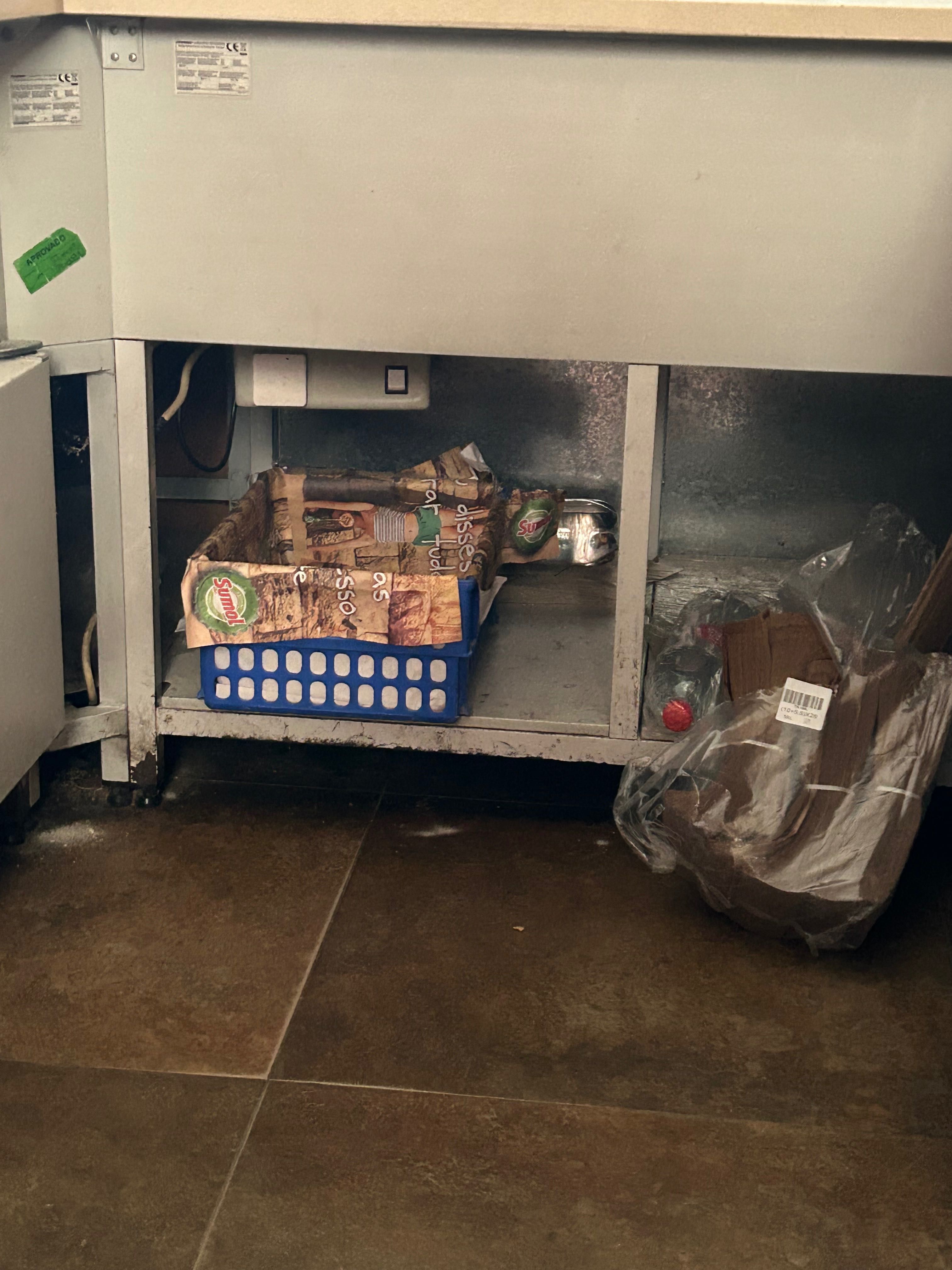 Vitrine com frio e neutras, estante com prateleiras e expositores.