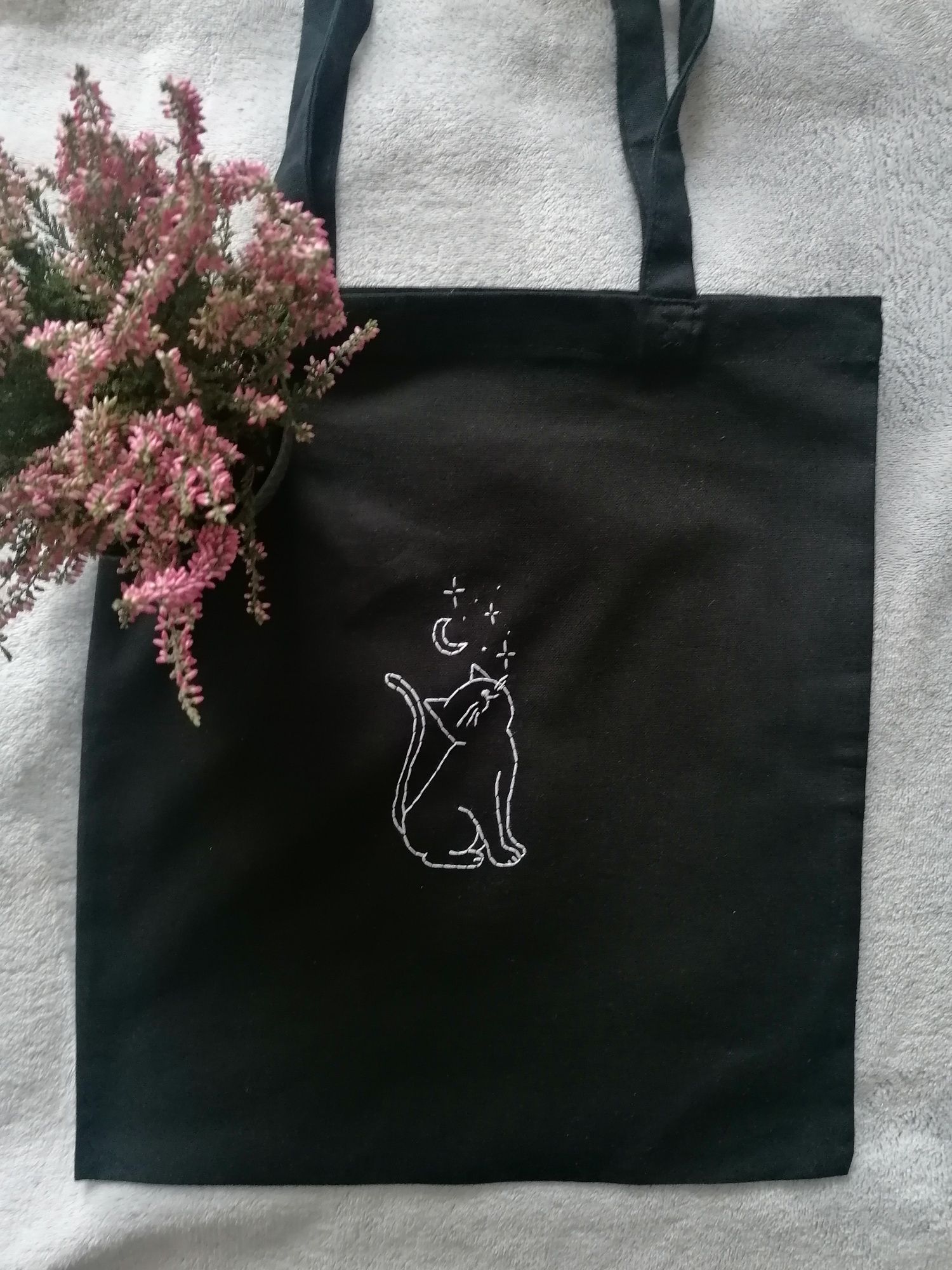 Czarna torba z kotem kociak księżyc torba tote bag