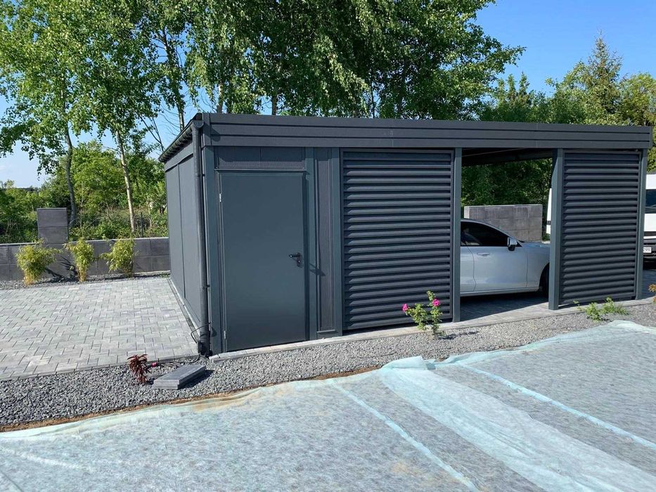 Wiata 5x7m z pomieszczeniem z tyłu PIR – żaluzja premium RAL 7016 (3D)