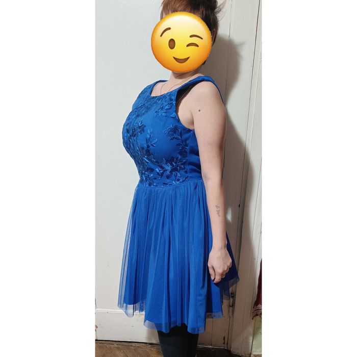 Кружевное синее платье Bicotone с юбкой-сеткой на змейке, размер 38