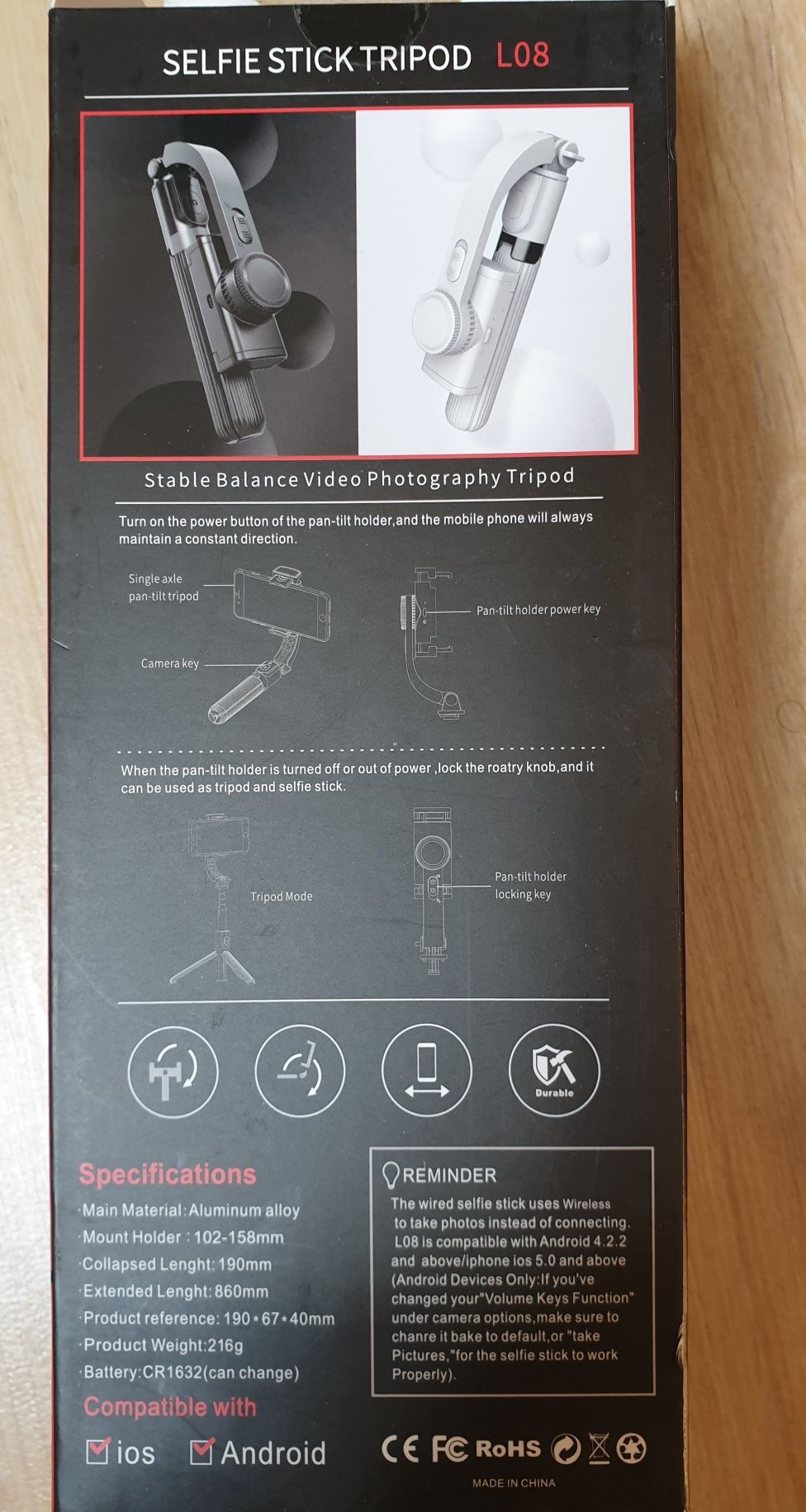 Stabilozator ręczny na telefon komórkowy, selfie, stojal, kij,tripod