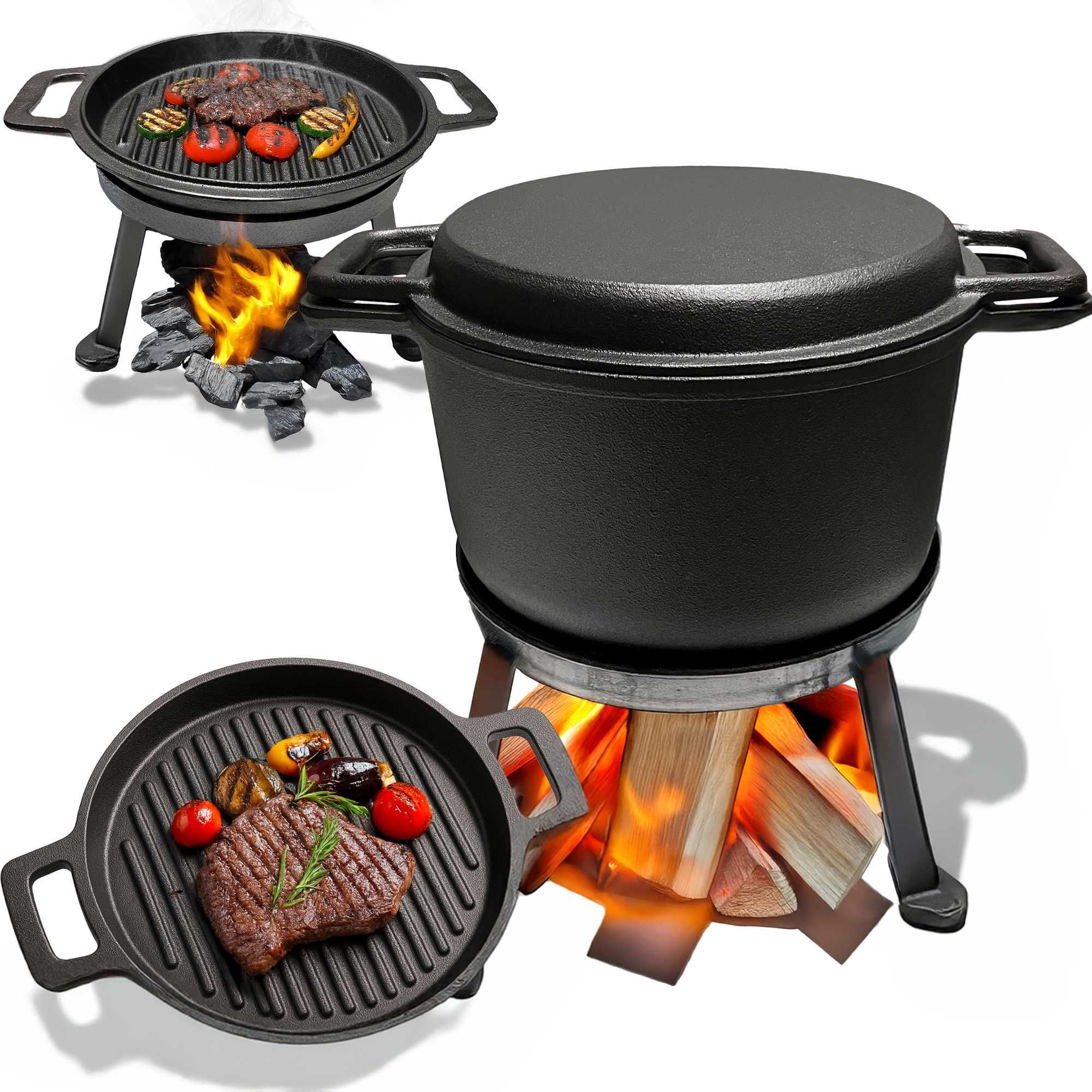 żeliwny kociołek myśliwski garnek patelnia 4l 3w1 ognisko grill