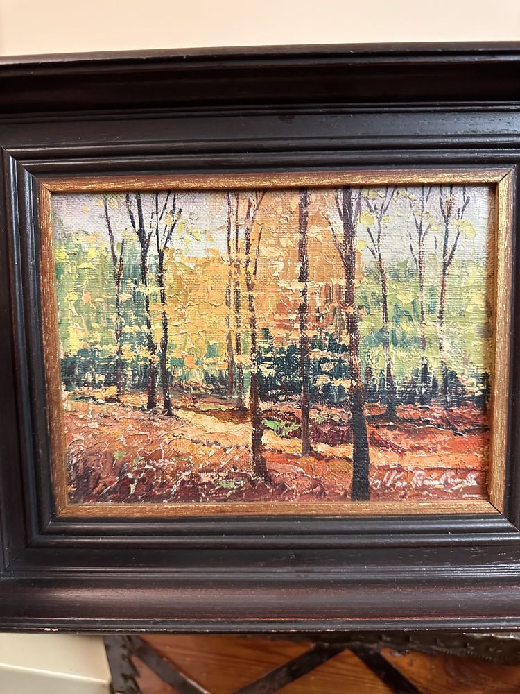 Obraz Maly mini obrazek ręcznie malowany las widok drewniana rama 43