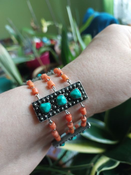 Stara bransoletka srebro koral I turkusy