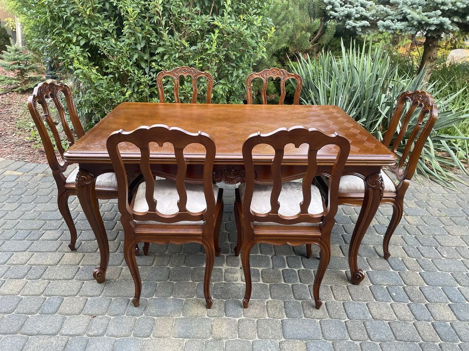 Stół rozkładany ludwikowski krzesła dąb brąz po renowacji Ludwik XV