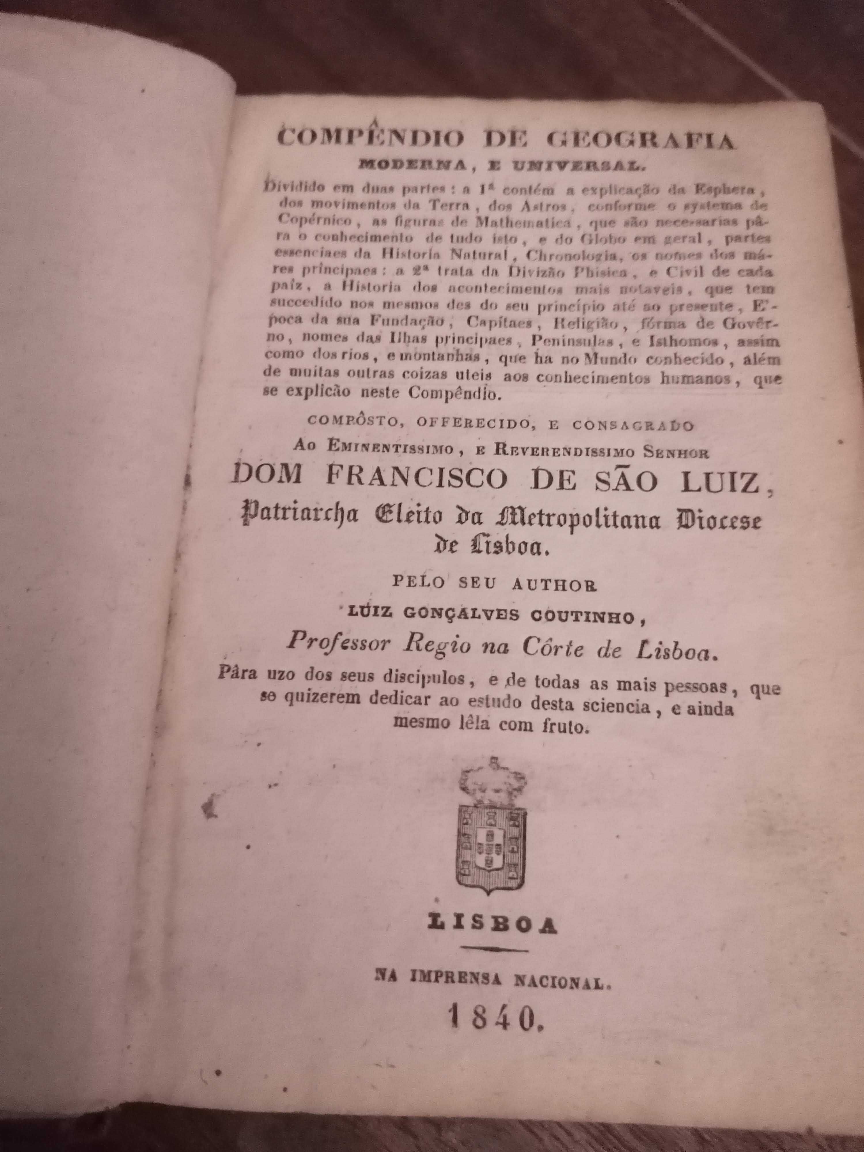 " Compêndio de Geografia Moderna e Universal " datado de  1840
