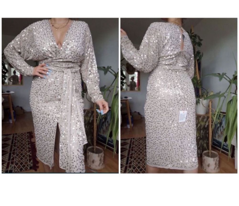 Srebrna cekinowa sukienka midi kopertowa xxs 32 xs 34 asos