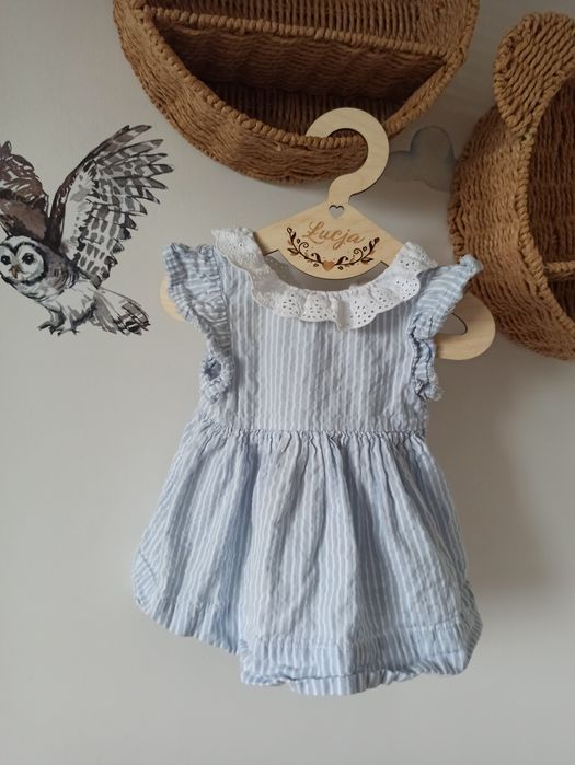 Sukienka Next błękitna niebieska w paski koronka kołnierzyk lato