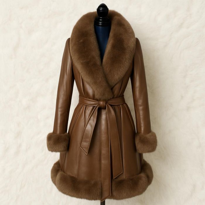 Czekoladowy płaszcz eco skóra futro 36S