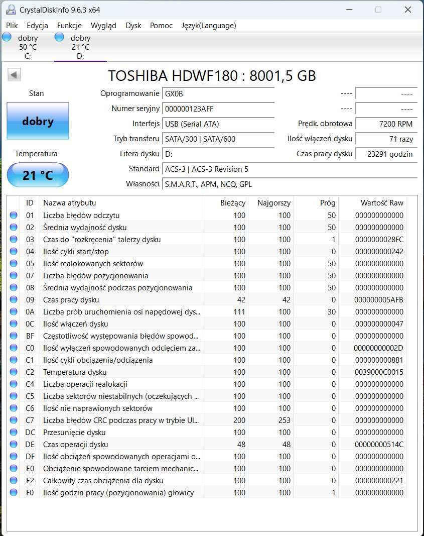Szybki dysk Toshiba Performance X300 8TB SATA 6Gb/s 3,5 cala