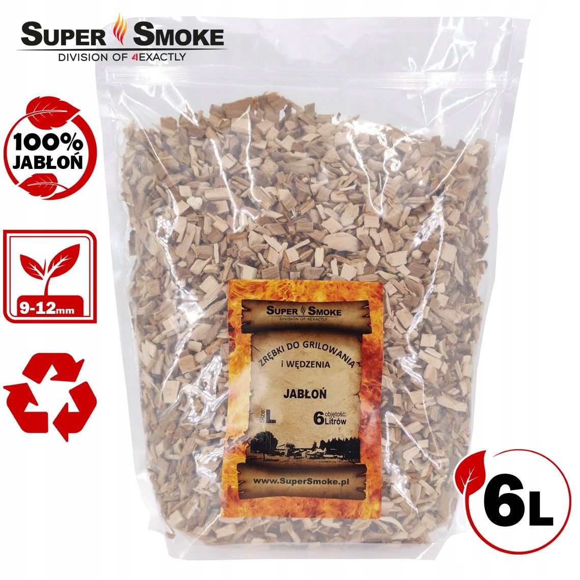Zrębki Wędzarnicze Super Smoke JABŁOŃ KL-10 (9-12mm) Large 6L Doypack