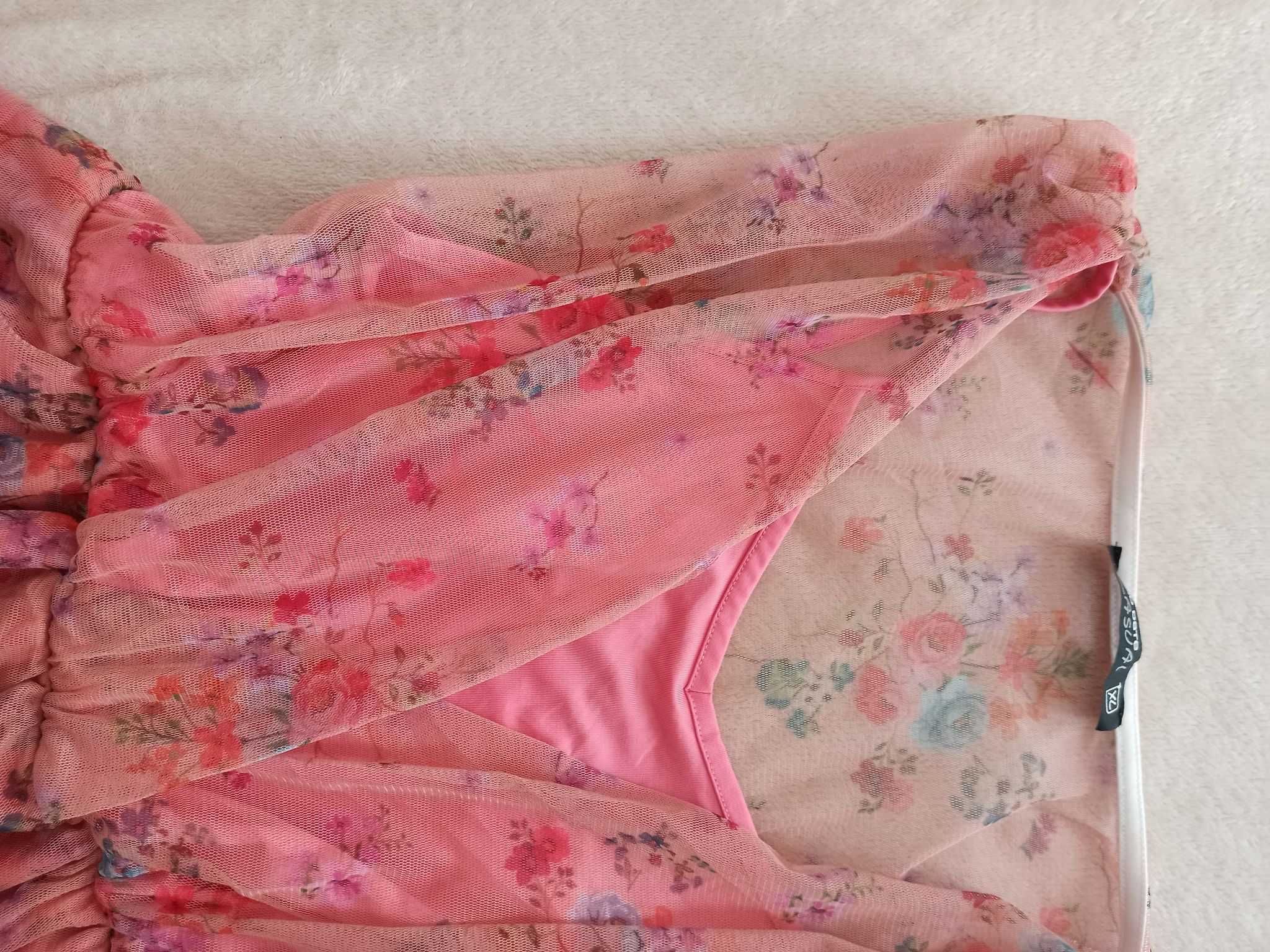 Różowa letnia sukienka z tiulem mesh w kwiaty XL 42