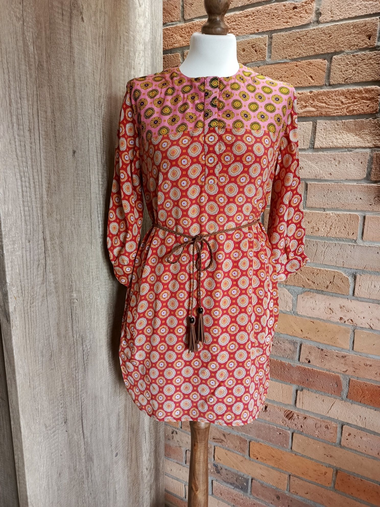 Sukienka jedwabna Joyce & Girls XS 100% silk boho wzór retro kolorowa