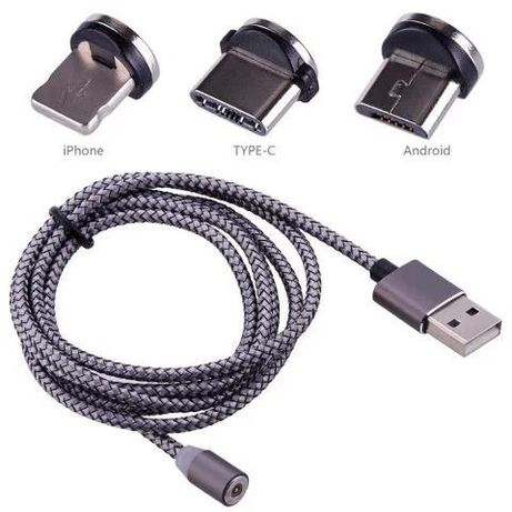 Магнитный кабель 3 в 1, micro USB, Lightning, USB Type-C тканевый