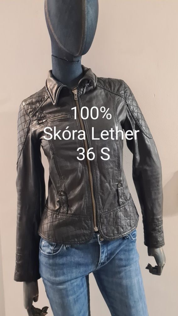 Skórzana kurtka ramoneska 100% Skóra Lether. Czarna. Rozmiar S 36.