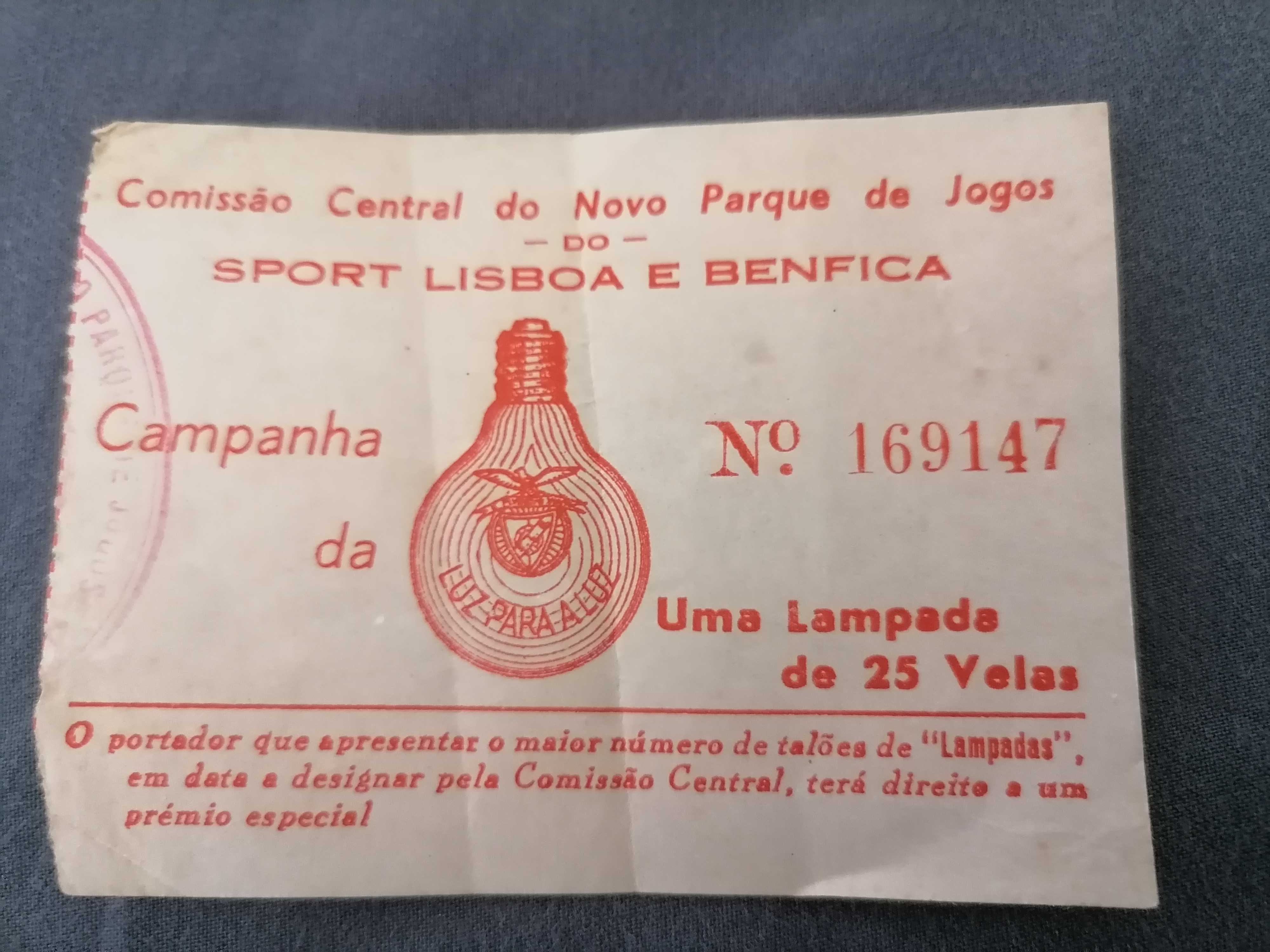 BENFICA Bilhete de Sorteio Campanha LUZ para A LUZ no Estádio 1953