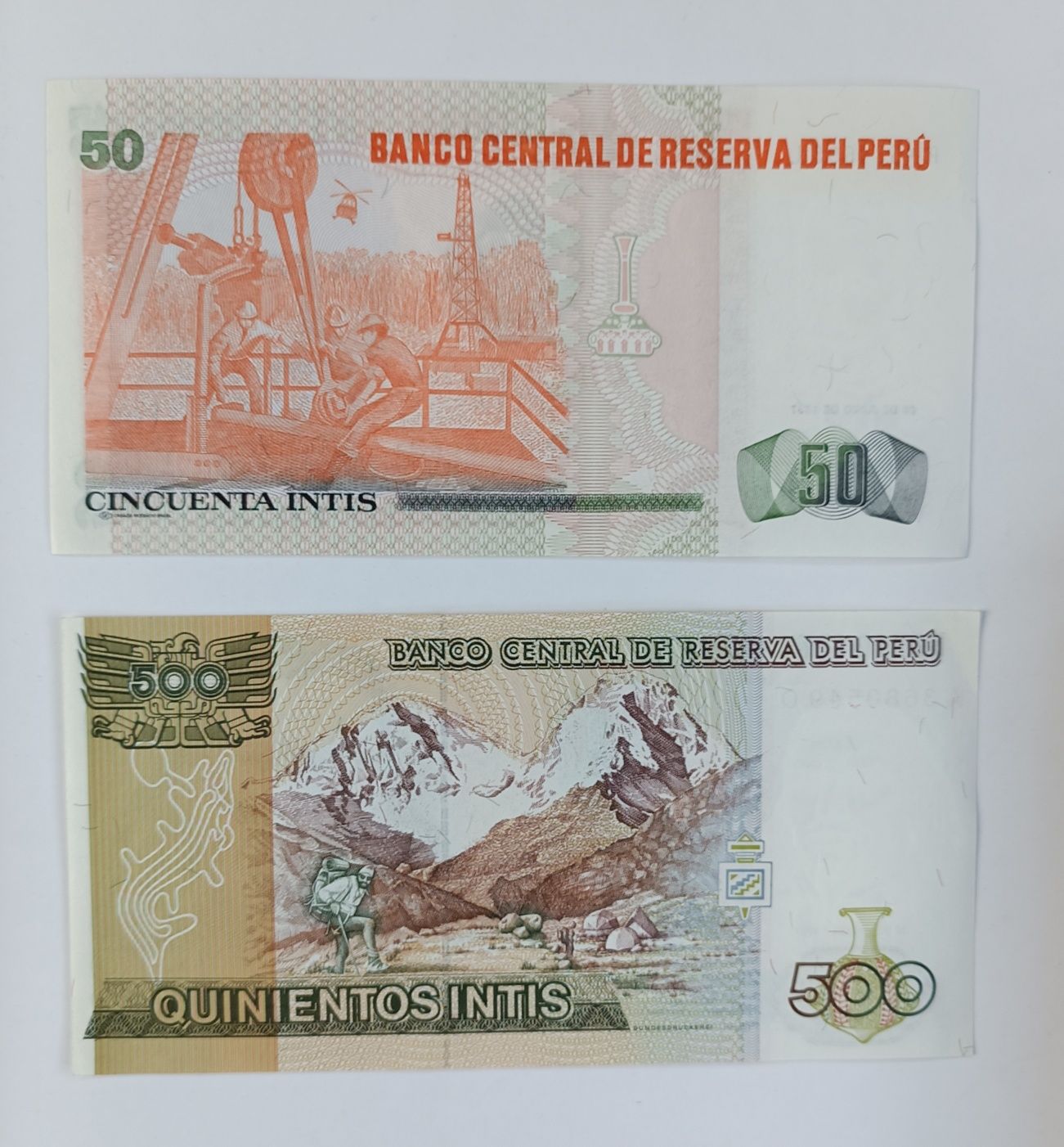 zestaw banknotów 50 i 500 intis , Peru , 2 szt
