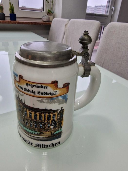 Unikalny ceramiczny kufel do piwa z cynową pokrywką