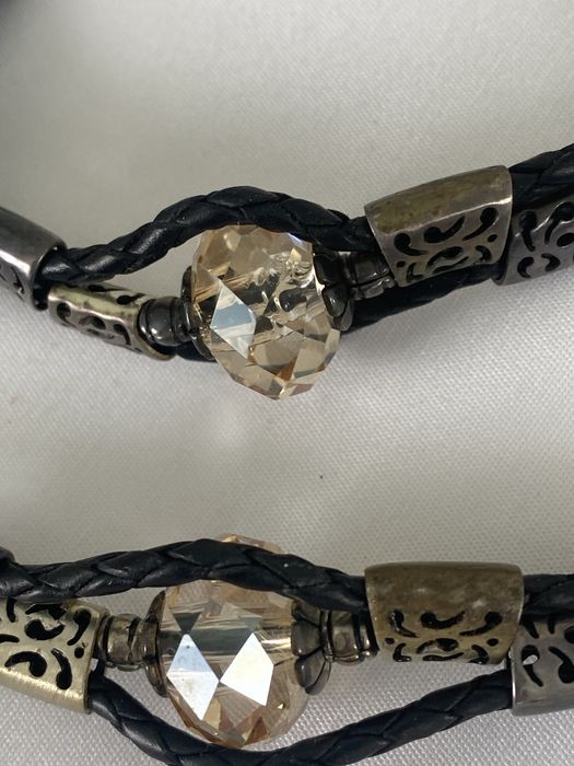 Komplet z kamieniem naszyjnik i bransoletka czarny rzemyk