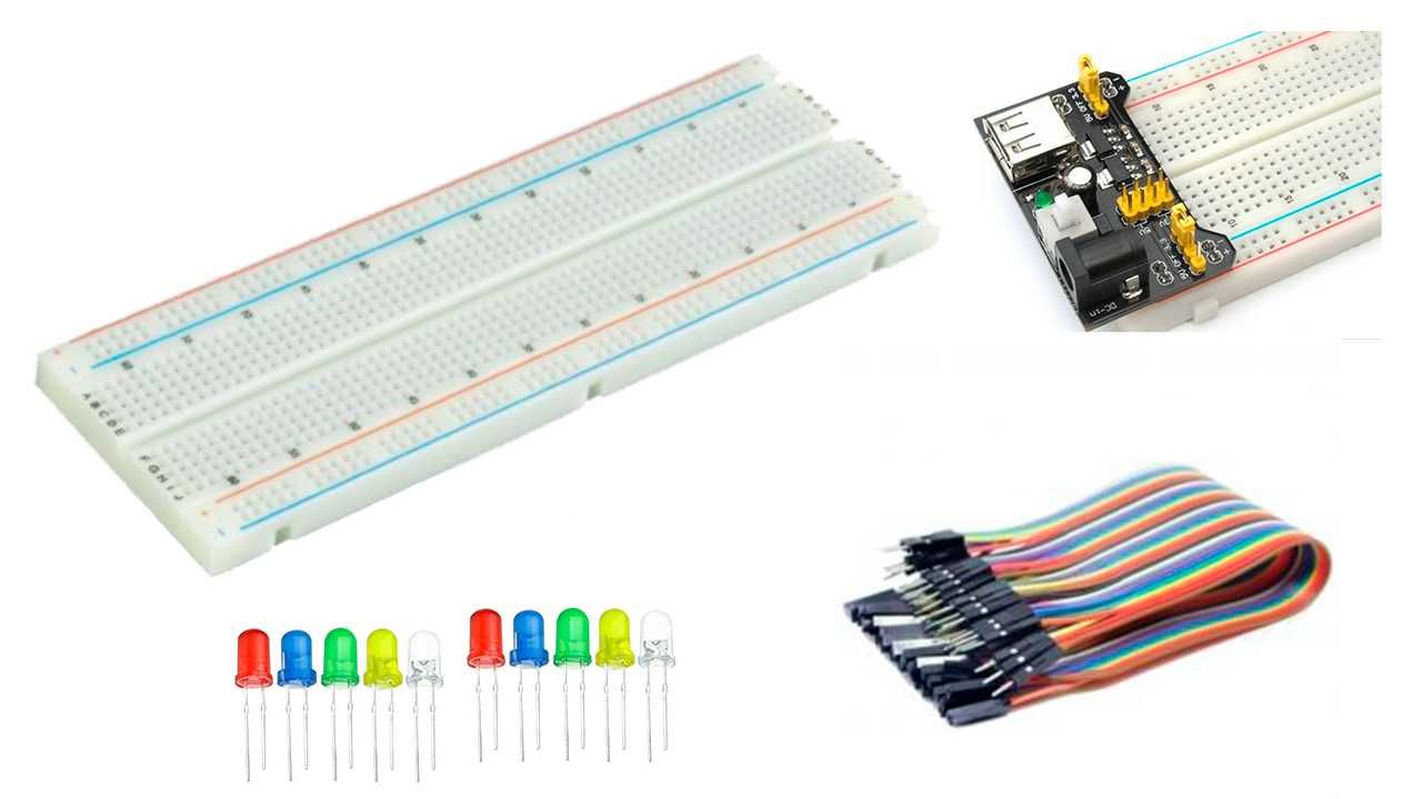 Eletrónica-breadboard+fonte+jumpers+leds