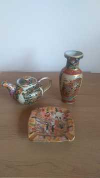 Wazonik, czajniczek i popielniczka chiński malowany