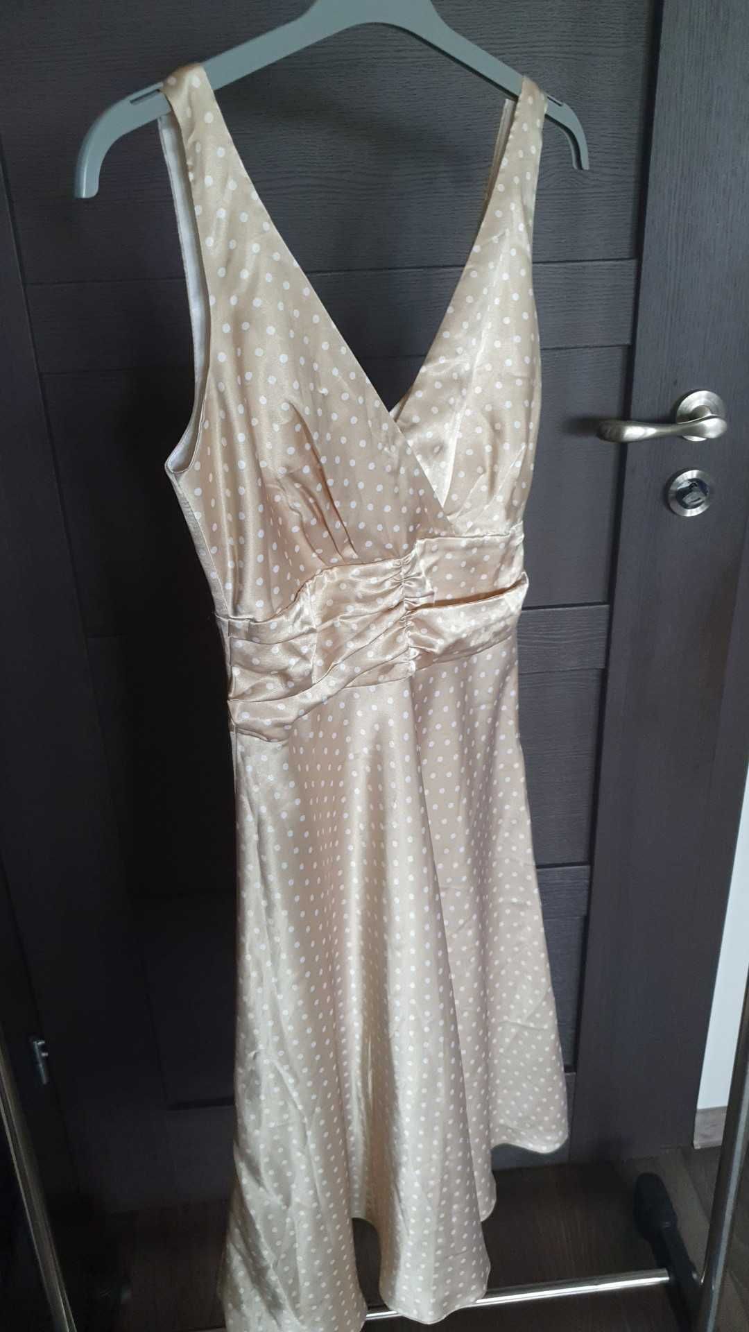 Sukienka satynowa -beżowa w białe groszki rozmiar S