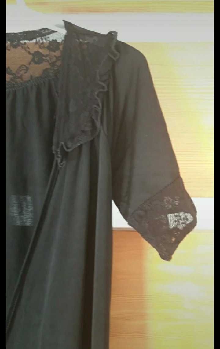 Szlafrok Gina tricot XS S M L uniwersalny czarny koronka krótki rękaw