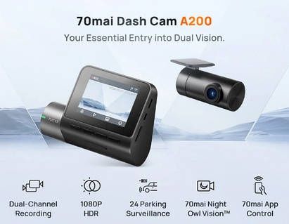 70mai A200 + Rear Cam RC11 | Full HD 1080P HDR, 2-камери