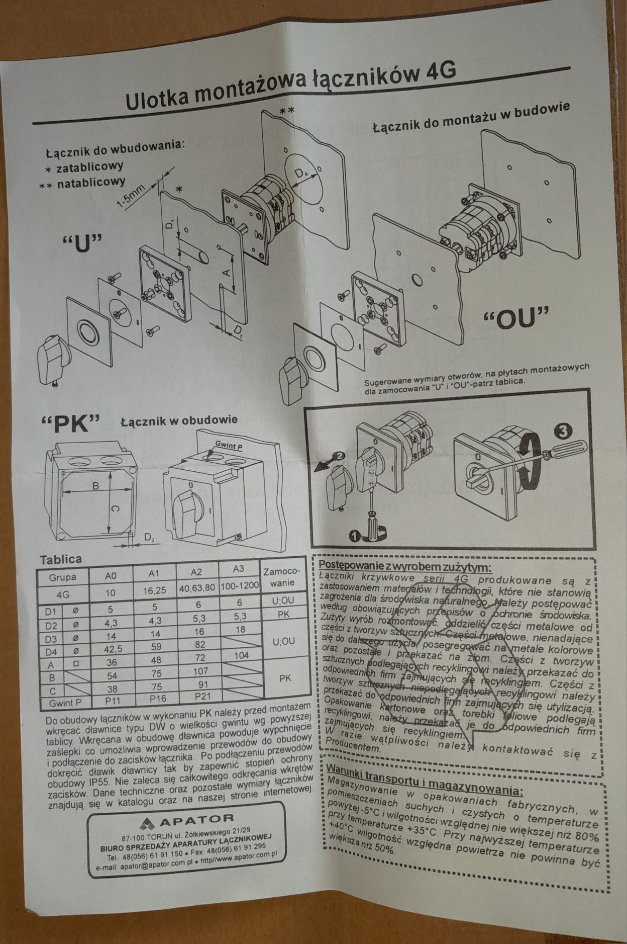 Łącznik krzywkowy Apator 4G16-92-PK 3-fazowy 400V 8kW