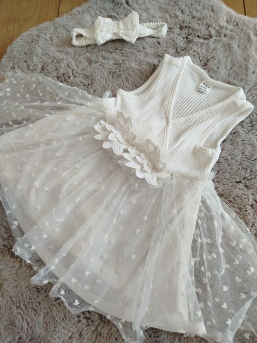 Cudna rozkloszowana biała sukienka z tuilem 80 + opaska