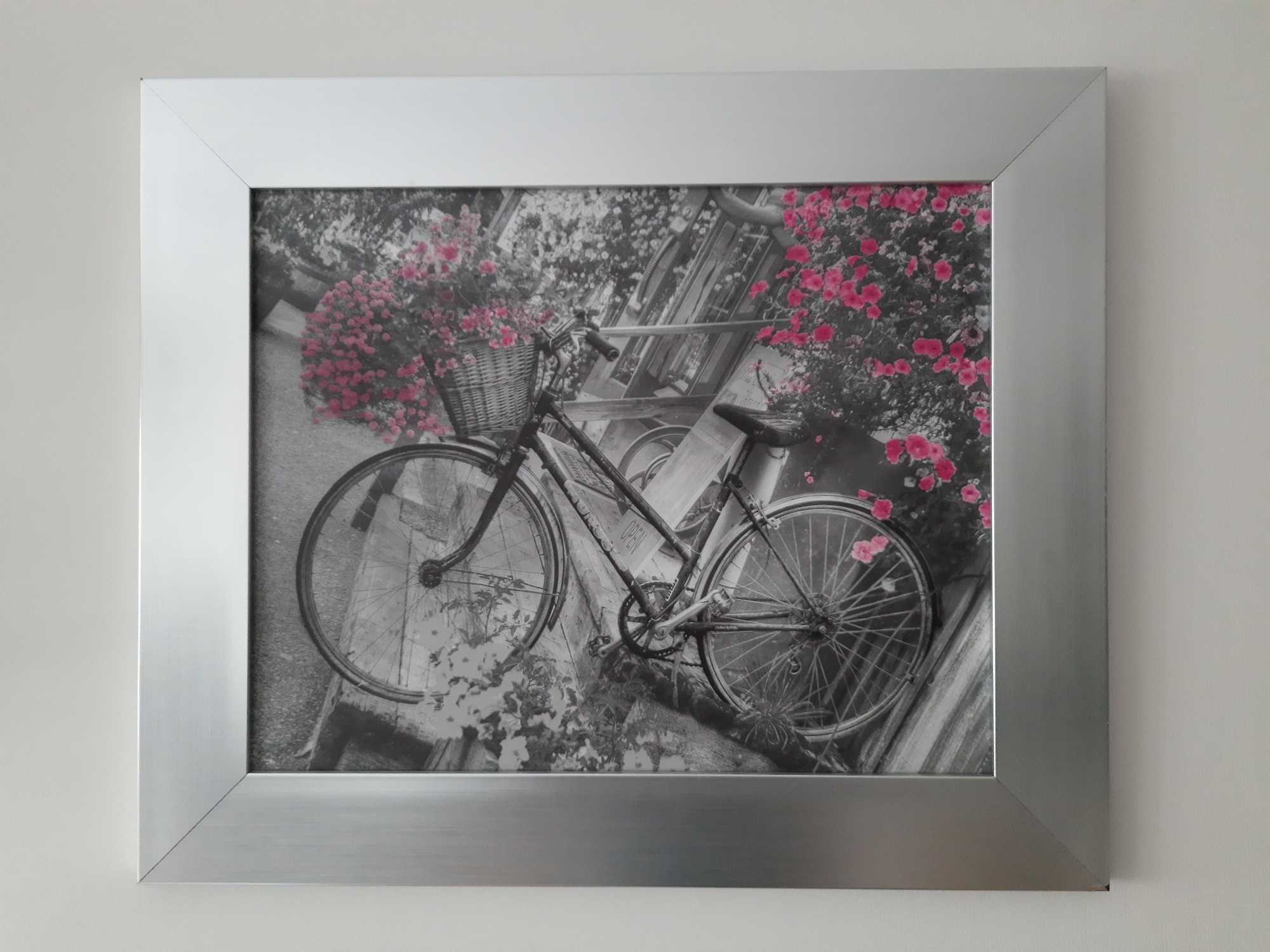 Duży obraz 53x63 Rower czarno-biały w srebrnej ramie, vintage, retro