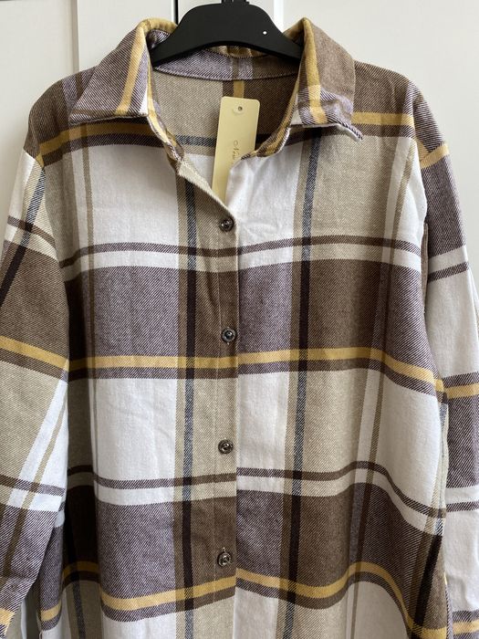 Sukienka koszulowa M oversize w kratkę brazowa