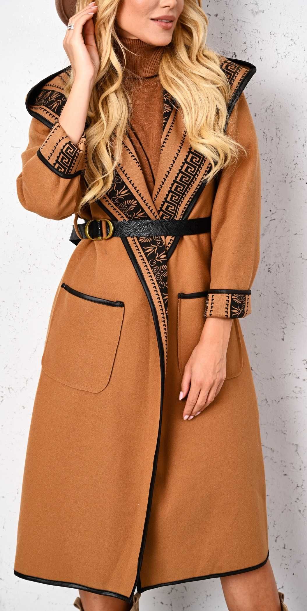 Płaszcz z podszewką we wzory/ w kratę z paskiem camel uni - HIT !