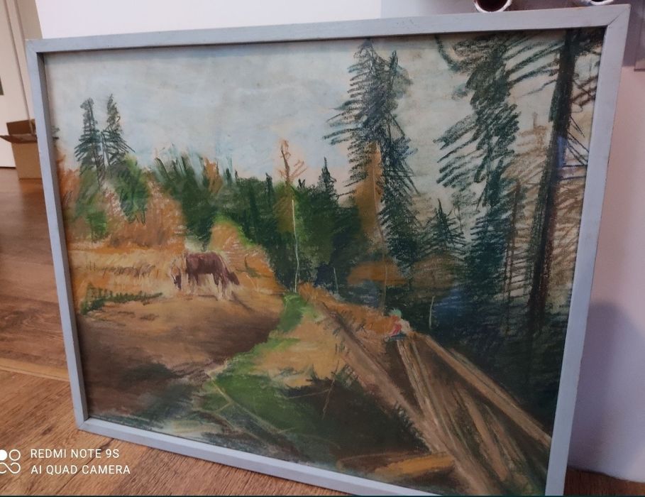 "Odpoczynek na polanie"-przepiękny obraz pastelowy za szkłem!