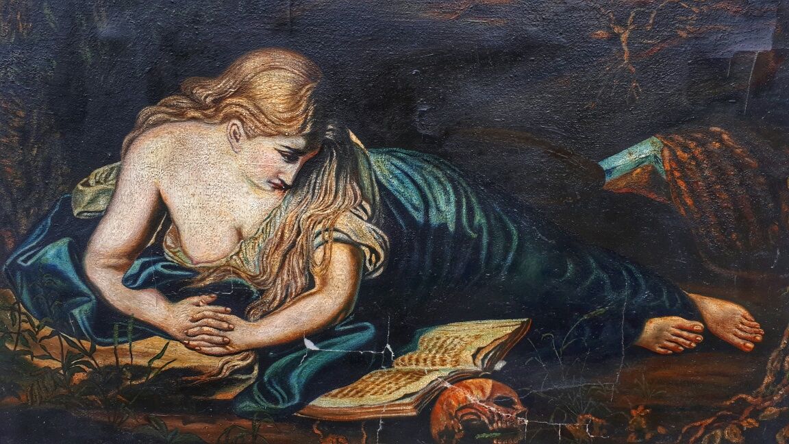 Obraz olejny płótno Św.Magdalena w grocie Pompeo Batoni sygnowany 1958