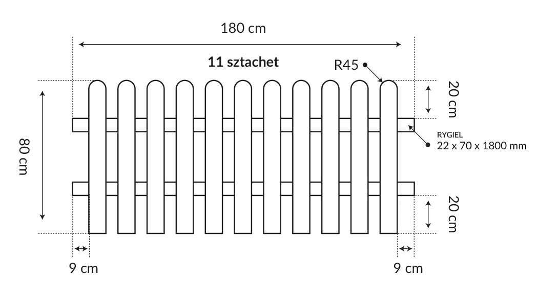 Płot sztachetowy 180x80cm grubość 44mm drewniany impregnowany Premium