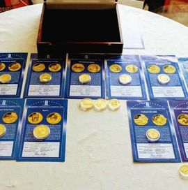 Srebrne monety Euro+złoto+certyfikaty+kaseta drewniana
