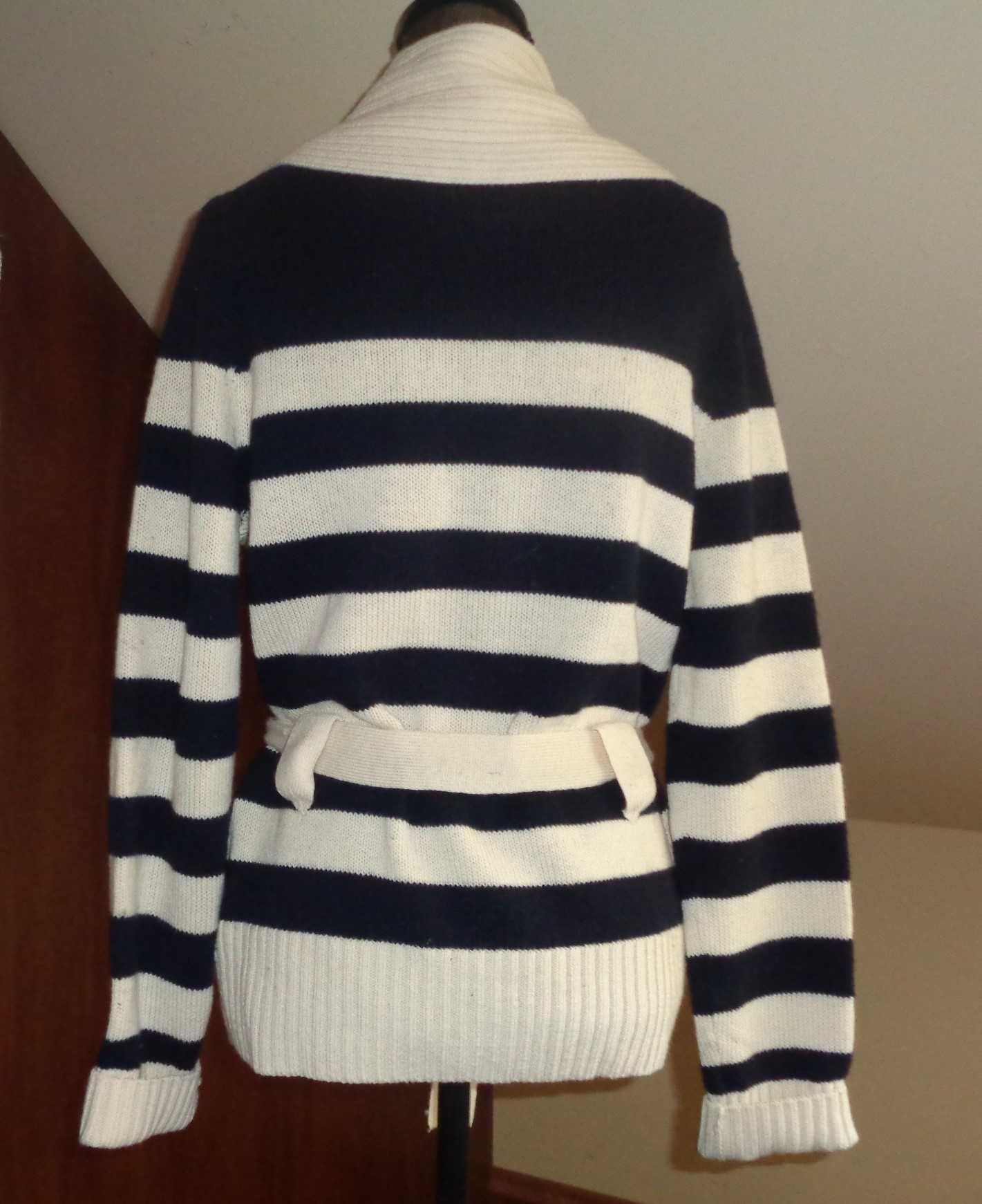 TOMMY HILFIGER ciepły gruby sweter w paski wiązany w pasie jak nowy L