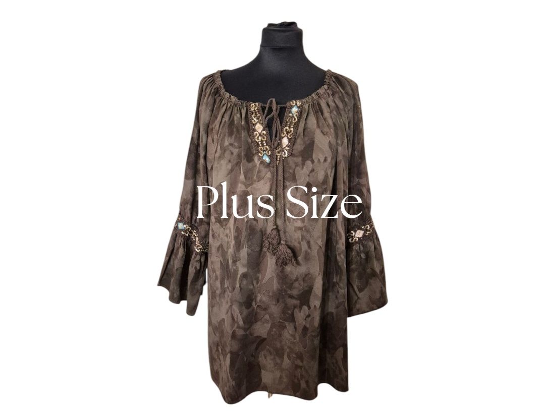 Bluzka moro hiszpanka brąz/khaki Plus Size rozszerzany rękaw uniwersal