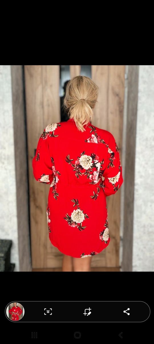 Tunika koszula kwiaty piwonie na guziki i troczek w talii