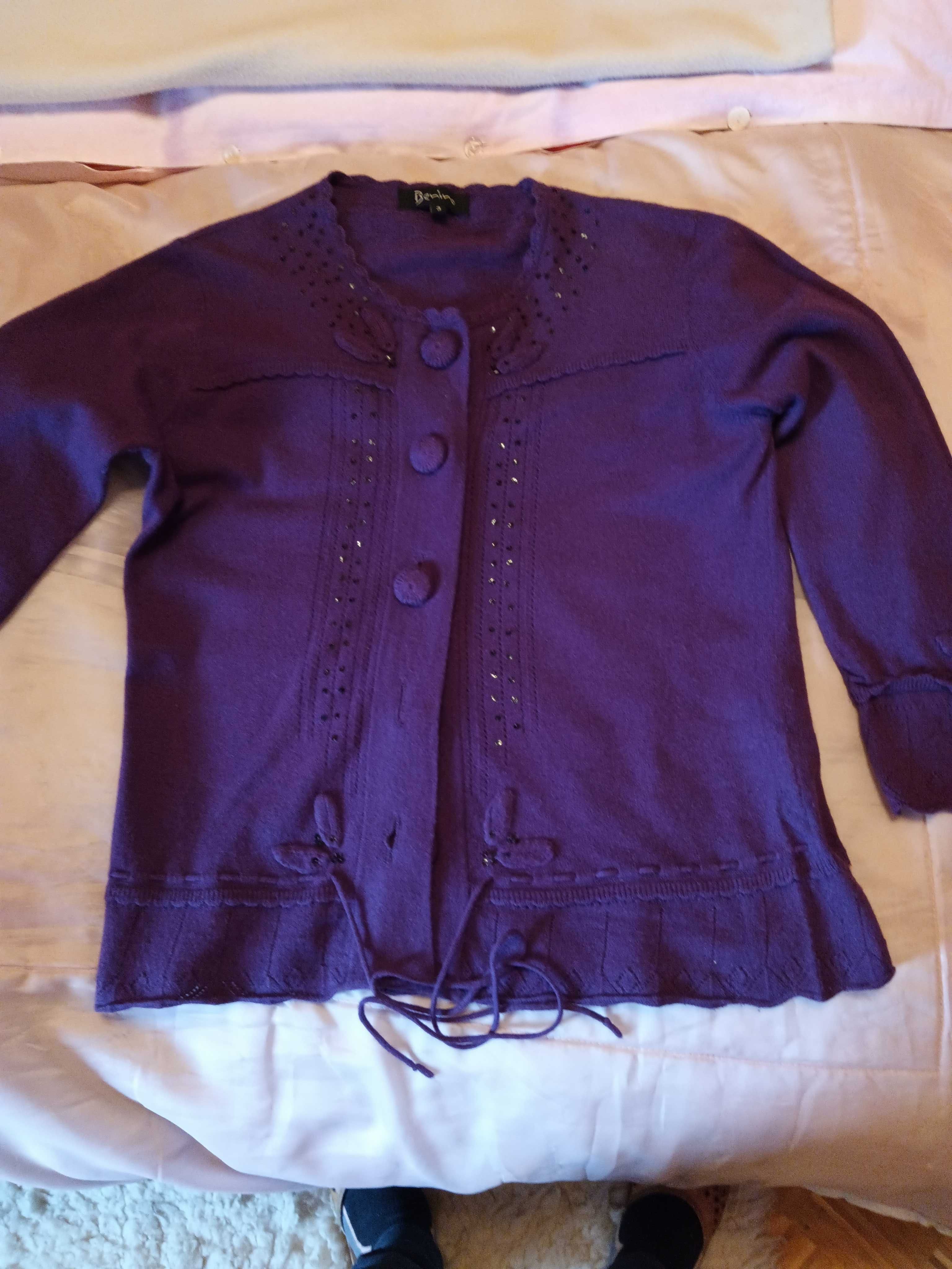 Sweter damski rozpinany fioletowy kardigan drobniutkie cekiny M/L