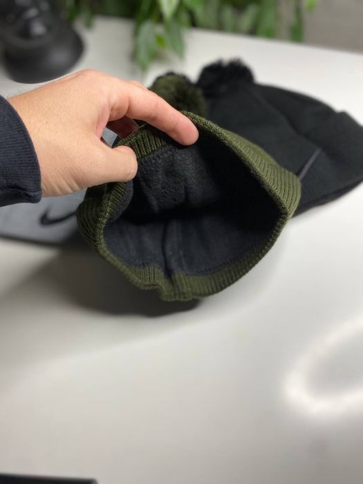 Мужская зимняя шапка NIKE с флисом теплая с помпоном с подворотом S-XL